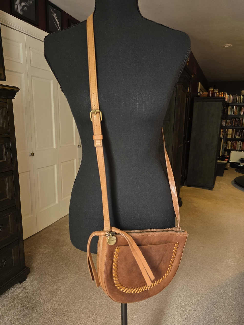 Lucky Brand Genuine Leather Whipstitch Crossbody Bag Brown Boho Western Festival